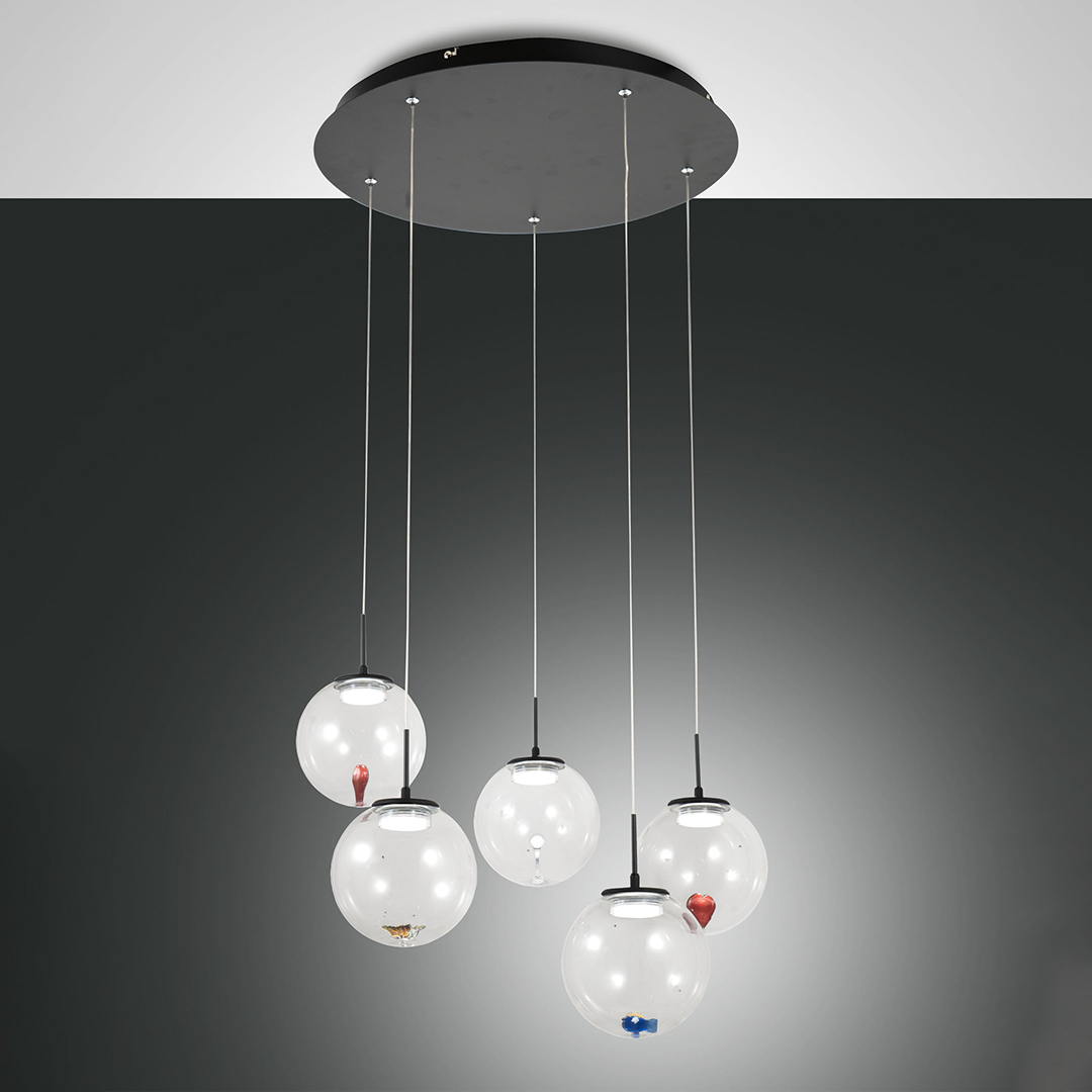 FABAS LUCE Sospensione ARIEL Metallo Vetro Trasparente Decorato LED 5 Luci 3770-49-373