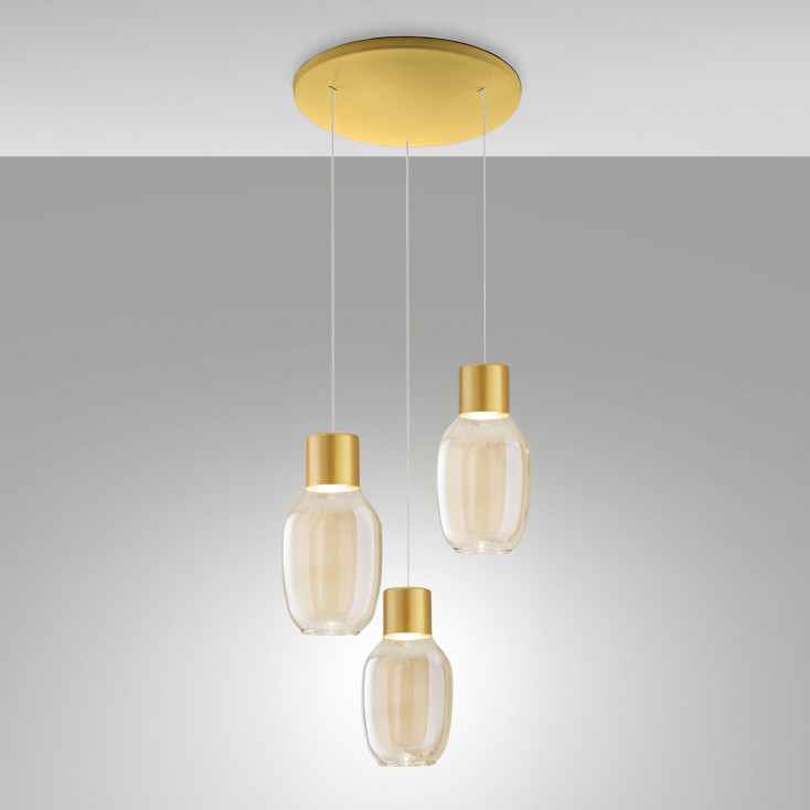 FABAS LUCE sospensione a LED in metallo 3 diffusori in vetro Lapo - 36W - 3000k Luce Calda 3768-47-365